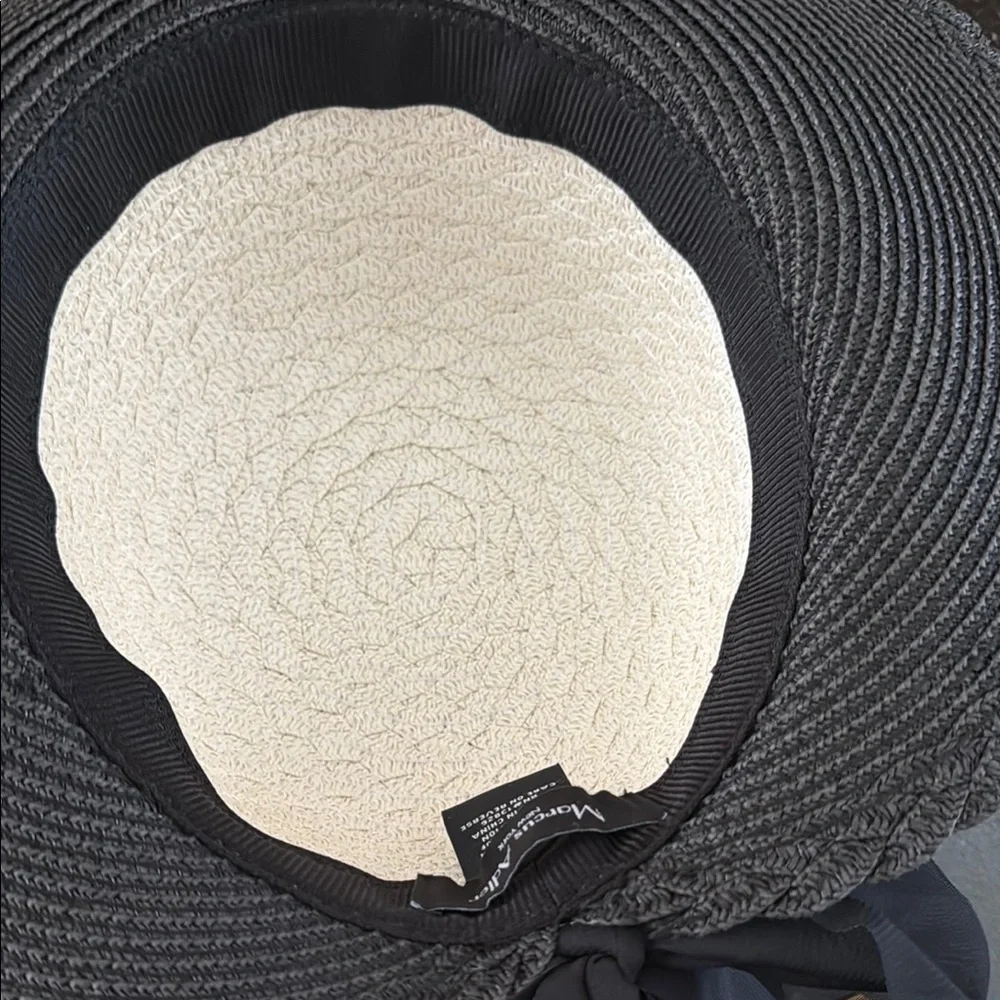 Cream and Black straw hat with chain and bow detail Chanel style